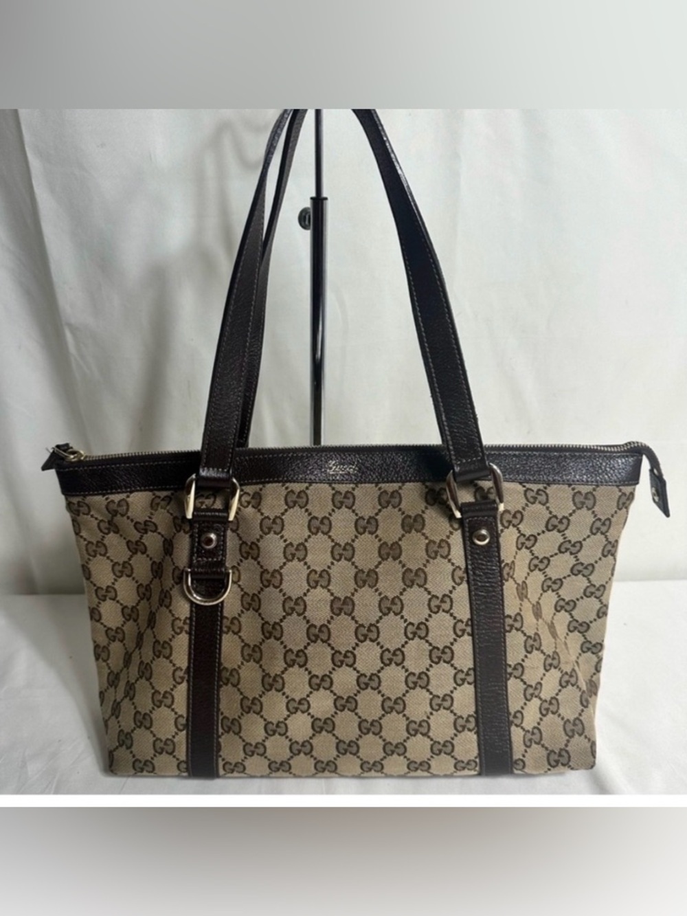 Gucci Beige GG Canvas Tote with Dark Brown Leather Trim - Picture 1 of 10